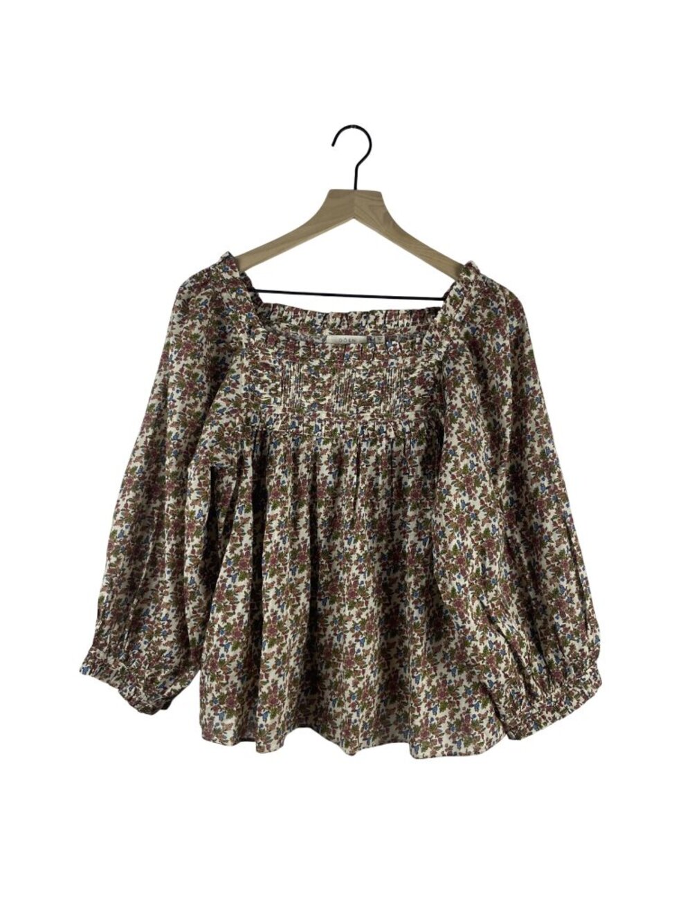 Doen Agatha Organic Cotton Floral Blouse Womens Large Square Neck Balloon Sleeve